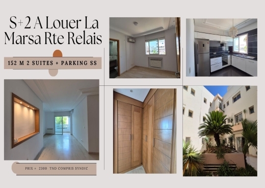 A Louer Appart S+2 (2suites) LE RELAIS GAMMARTH - Bien immobilier à {"id":23,"country_id":219,"name":"TUNIS","slug":"tunis"} - Le Point Immobilier Tunisie